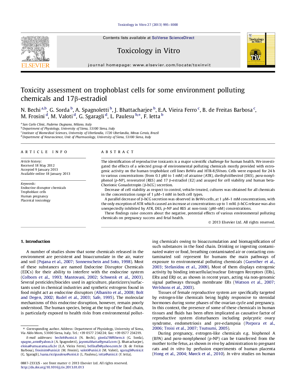 Toxicity assessment on trophoblast cells for some environment polluting chemicals and 17Î²-estradiol