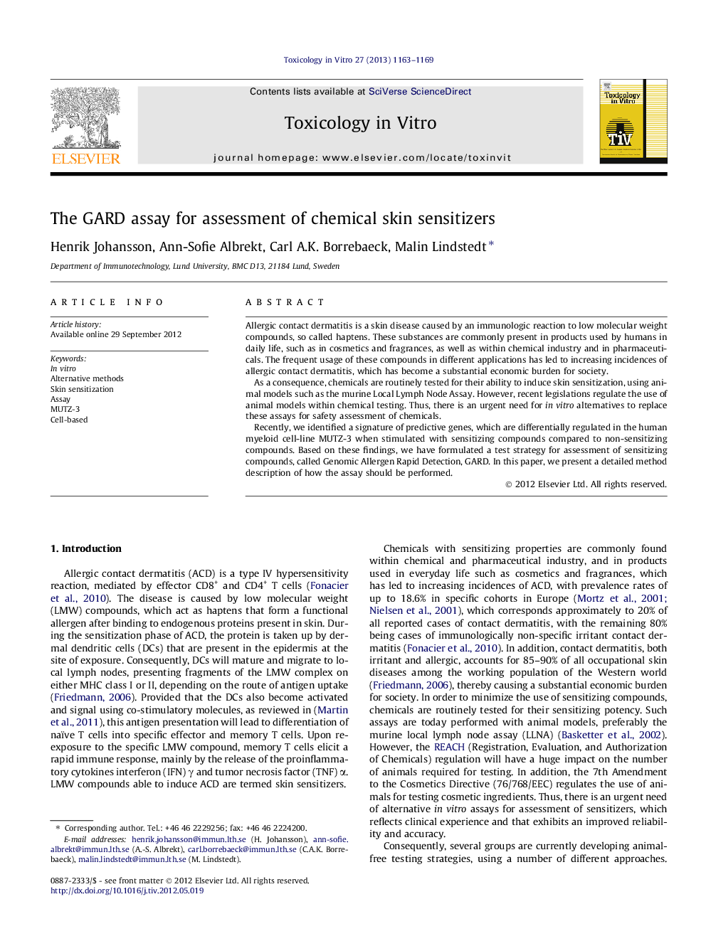 The GARD assay for assessment of chemical skin sensitizers