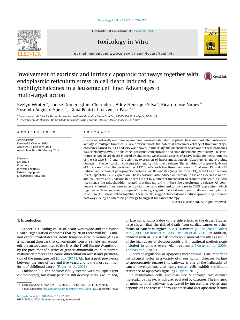 Involvement of extrinsic and intrinsic apoptotic pathways together with endoplasmic reticulum stress in cell death induced by naphthylchalcones in a leukemic cell line: Advantages of multi-target action