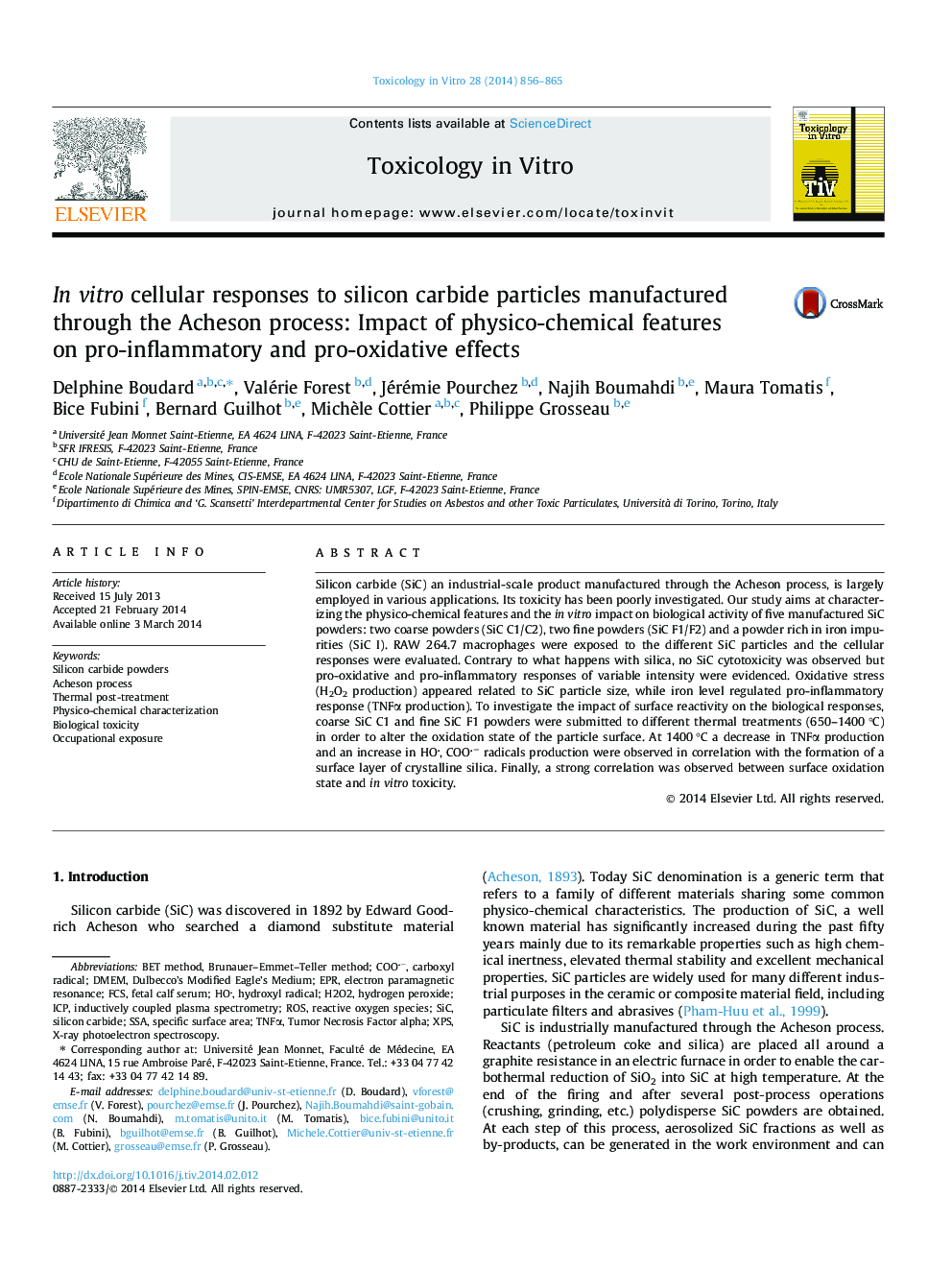 In vitro cellular responses to silicon carbide particles manufactured through the Acheson process: Impact of physico-chemical features on pro-inflammatory and pro-oxidative effects