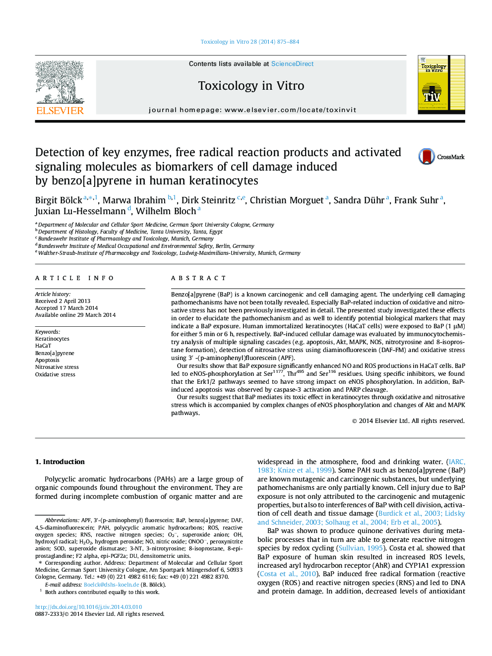 Detection of key enzymes, free radical reaction products and activated signaling molecules as biomarkers of cell damage induced by benzo[a]pyrene in human keratinocytes