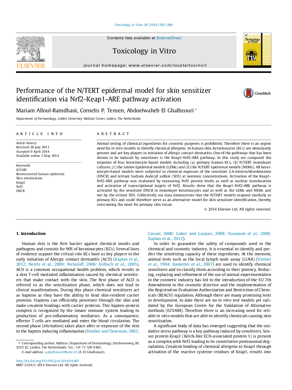 Performance of the N/TERT epidermal model for skin sensitizer identification via Nrf2-Keap1-ARE pathway activation