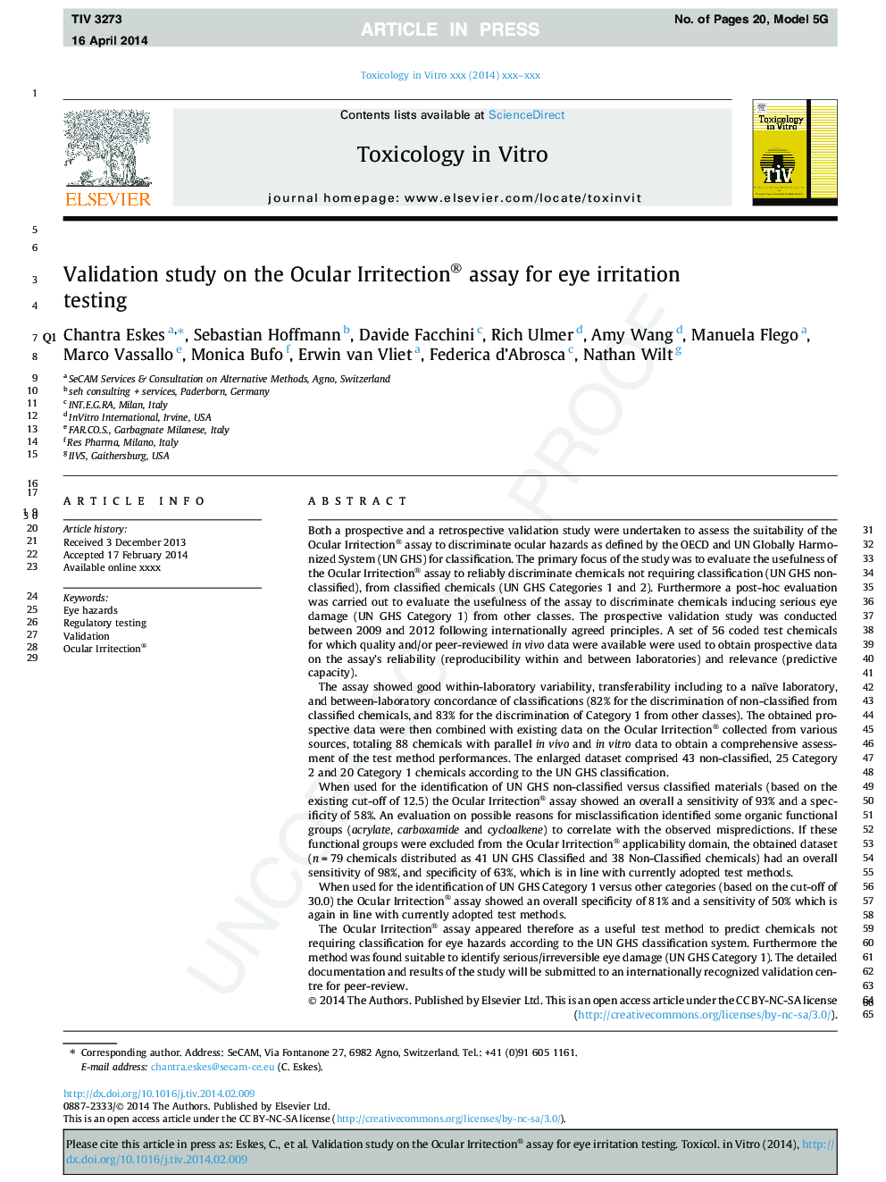 Validation study on the Ocular Irritection® assay for eye irritation testing