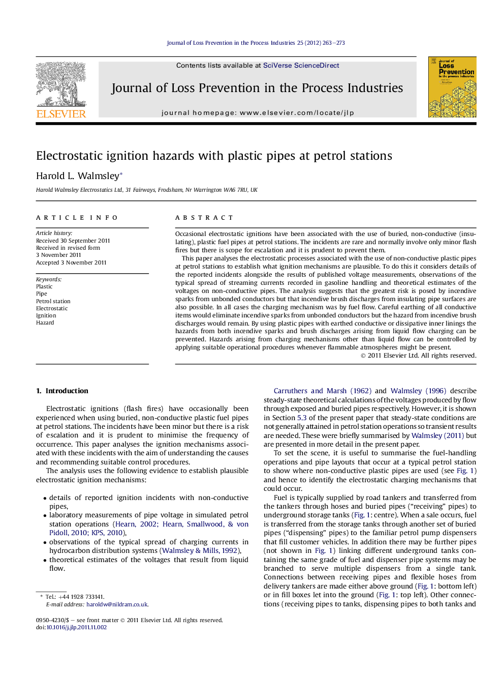 Electrostatic ignition hazards with plastic pipes at petrol stations