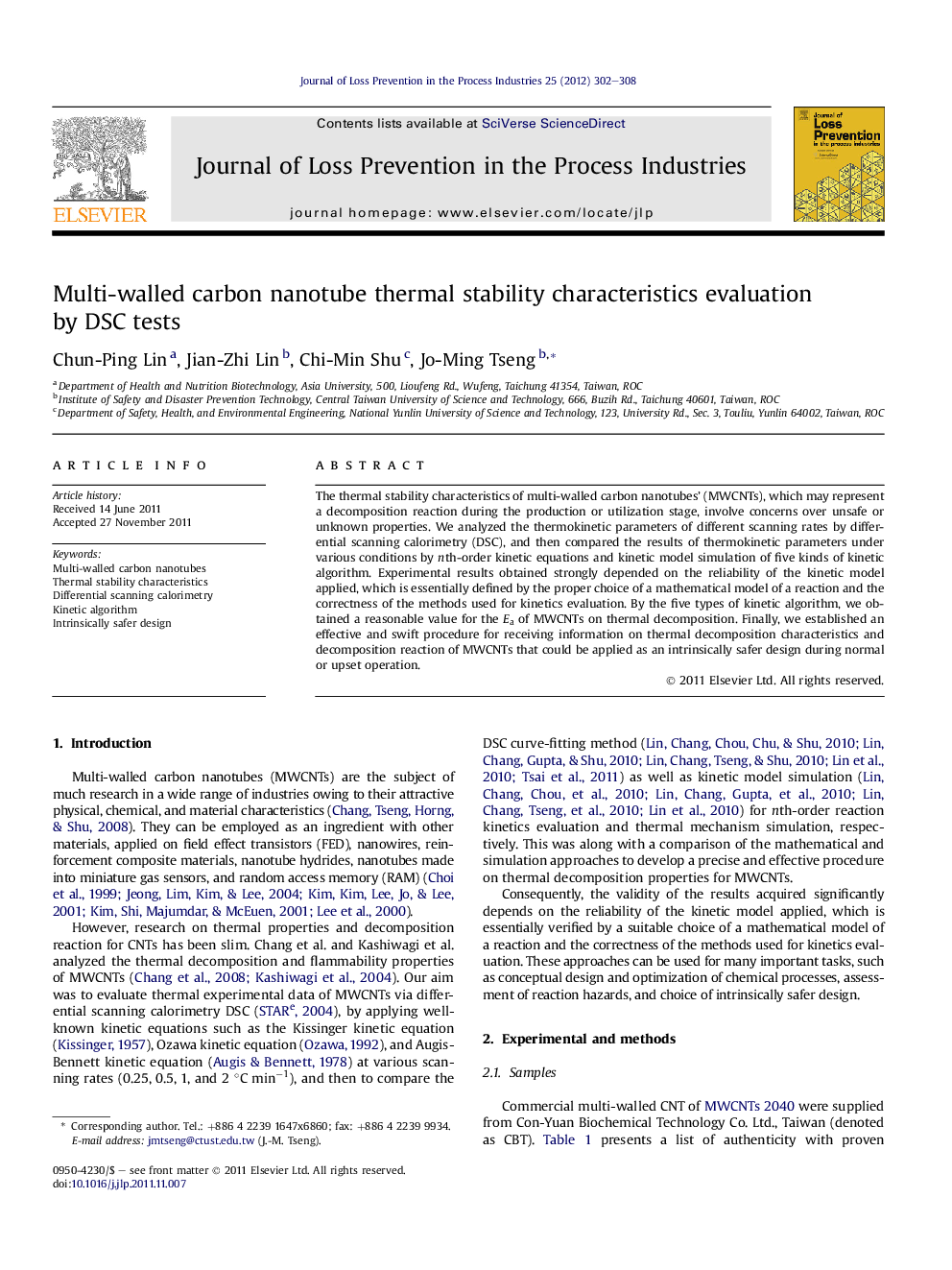Multi-walled carbon nanotube thermal stability characteristics evaluation by DSC tests