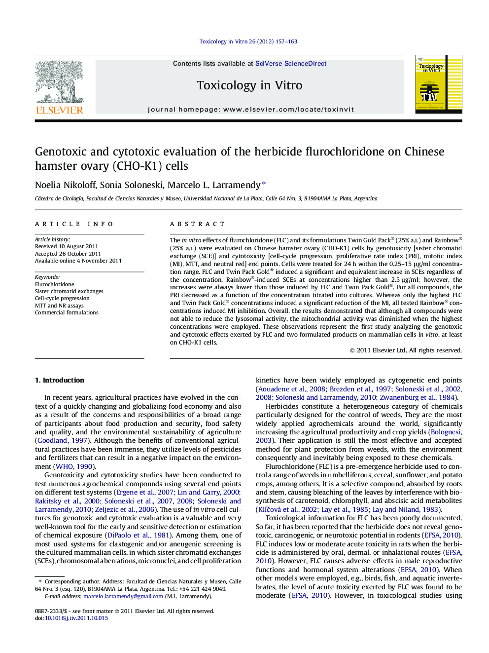 Genotoxic and cytotoxic evaluation of the herbicide flurochloridone on Chinese hamster ovary (CHO-K1) cells