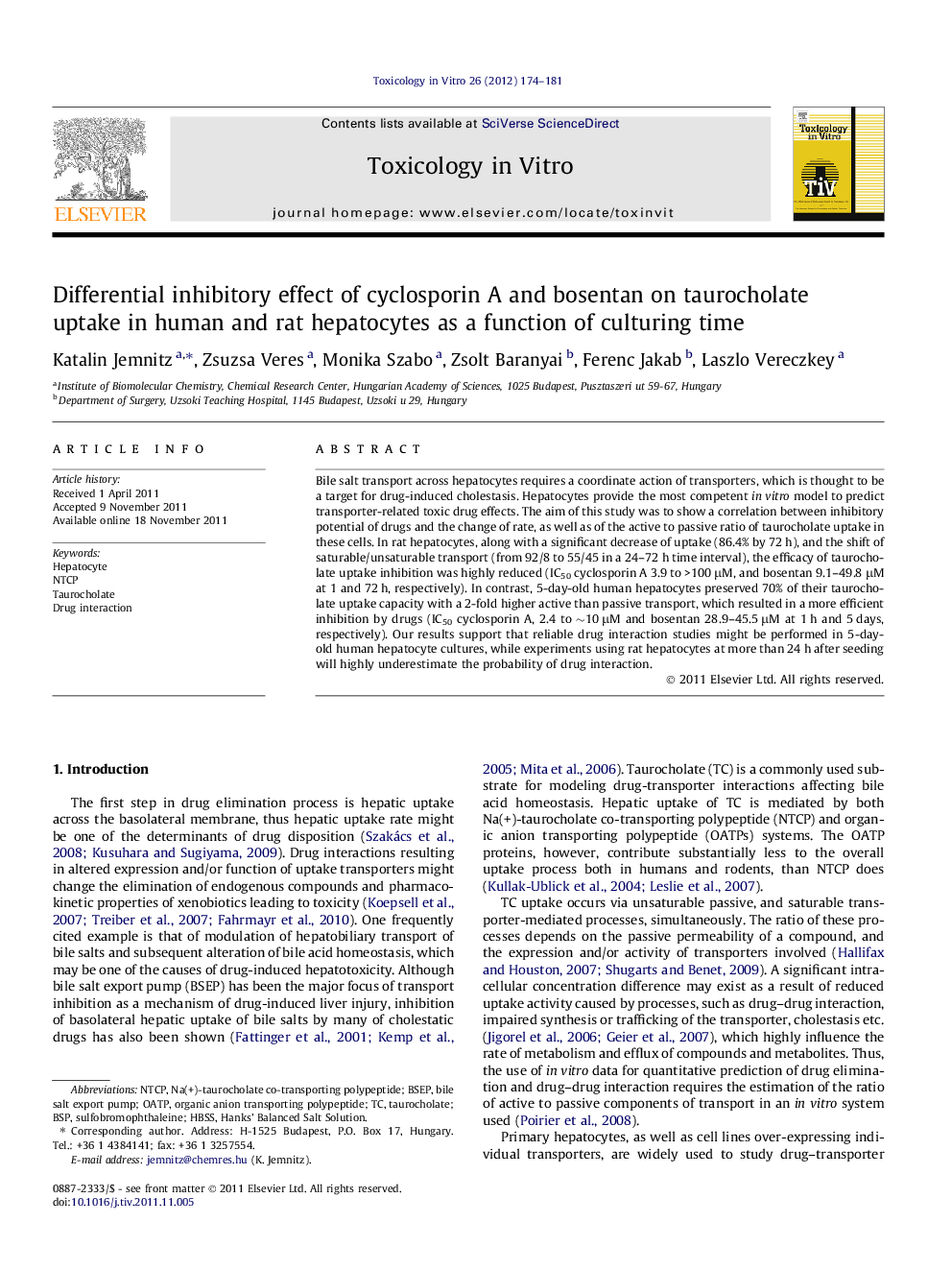 Differential inhibitory effect of cyclosporin A and bosentan on taurocholate uptake in human and rat hepatocytes as a function of culturing time