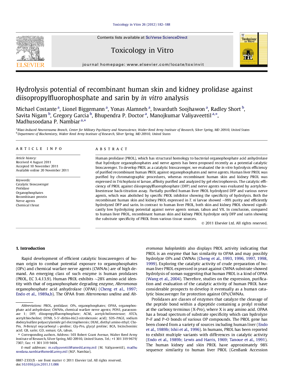 Hydrolysis potential of recombinant human skin and kidney prolidase against diisopropylfluorophosphate and sarin by in vitro analysis