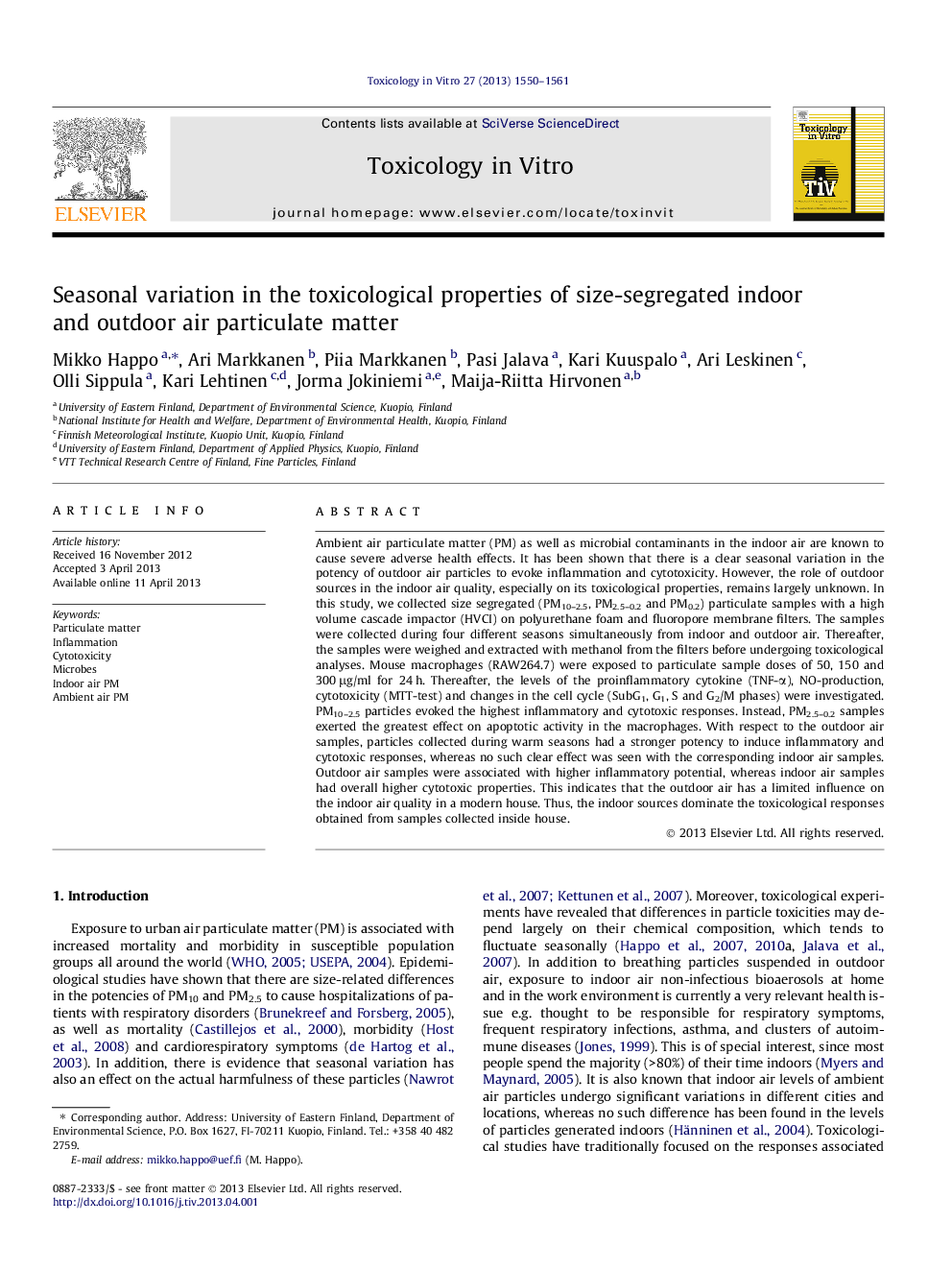 Seasonal variation in the toxicological properties of size-segregated indoor and outdoor air particulate matter