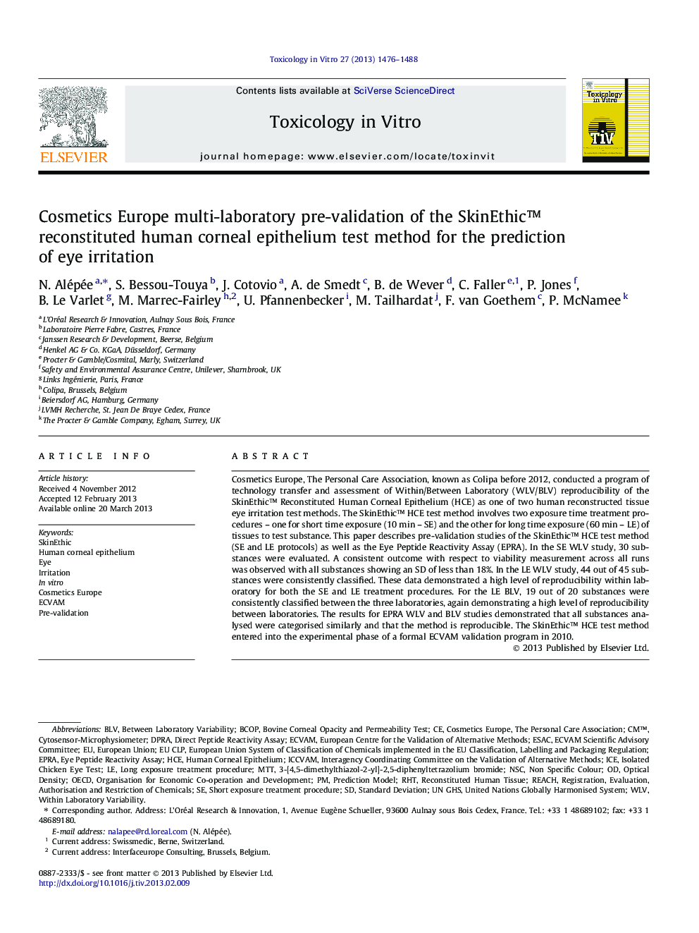 Cosmetics Europe multi-laboratory pre-validation of the SkinEthicâ¢ reconstituted human corneal epithelium test method for the prediction of eye irritation