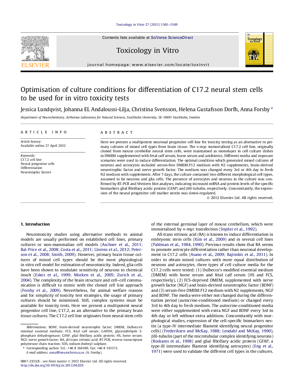 Optimisation of culture conditions for differentiation of C17.2 neural stem cells to be used for in vitro toxicity tests