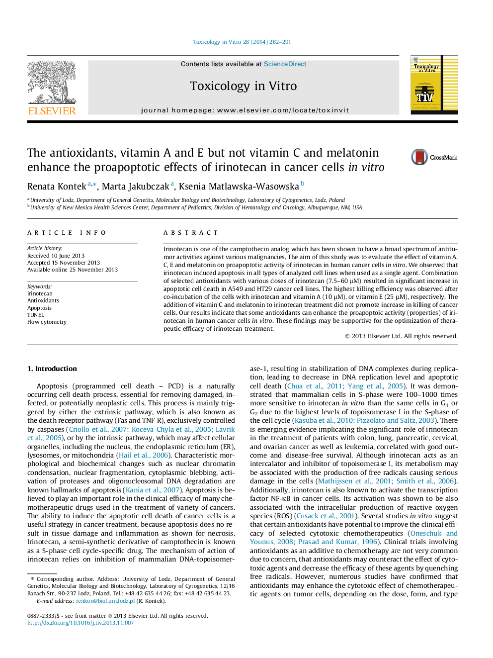 The antioxidants, vitamin A and E but not vitamin C and melatonin enhance the proapoptotic effects of irinotecan in cancer cells in vitro