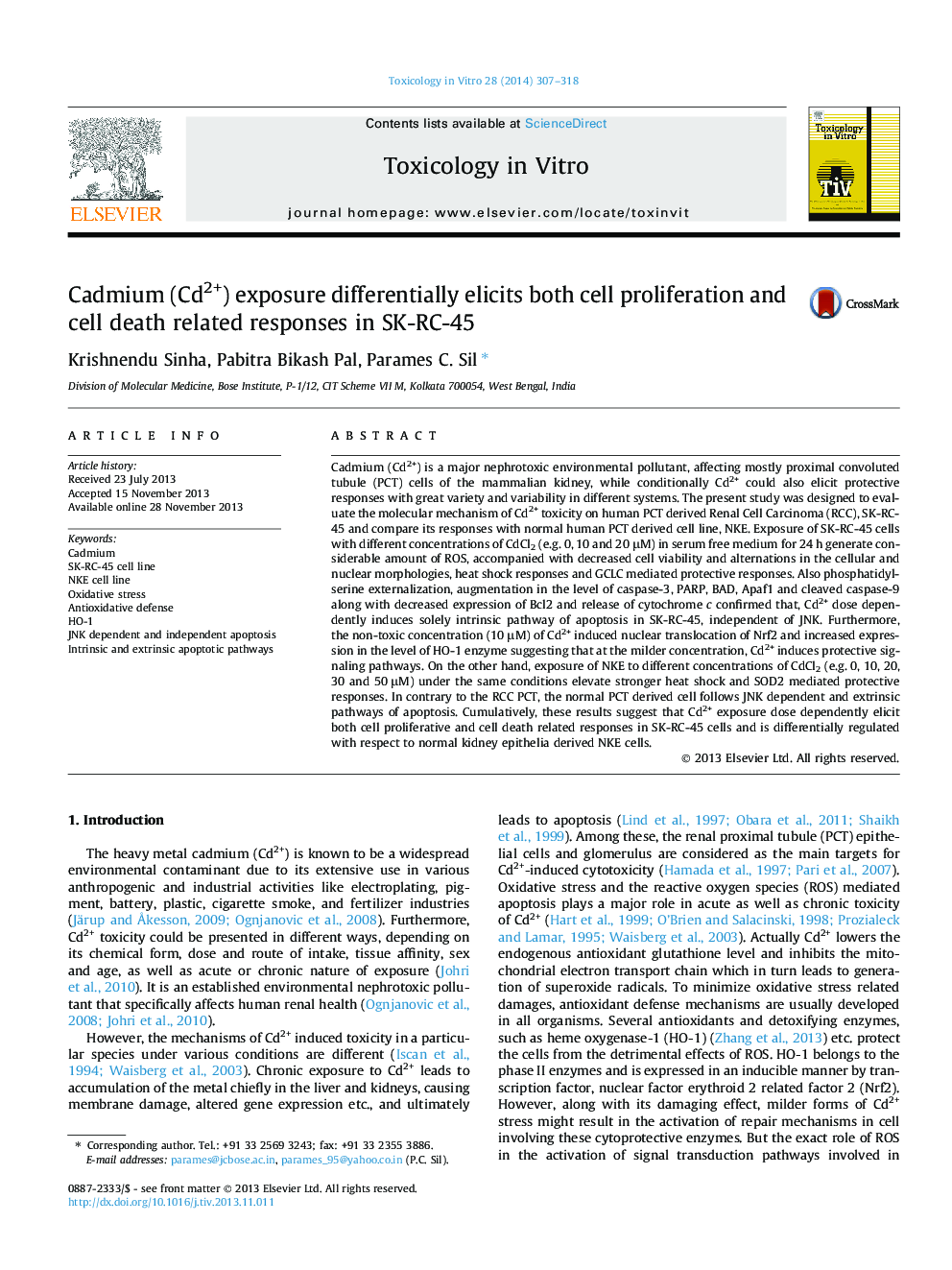 Cadmium (Cd2+) exposure differentially elicits both cell proliferation and cell death related responses in SK-RC-45