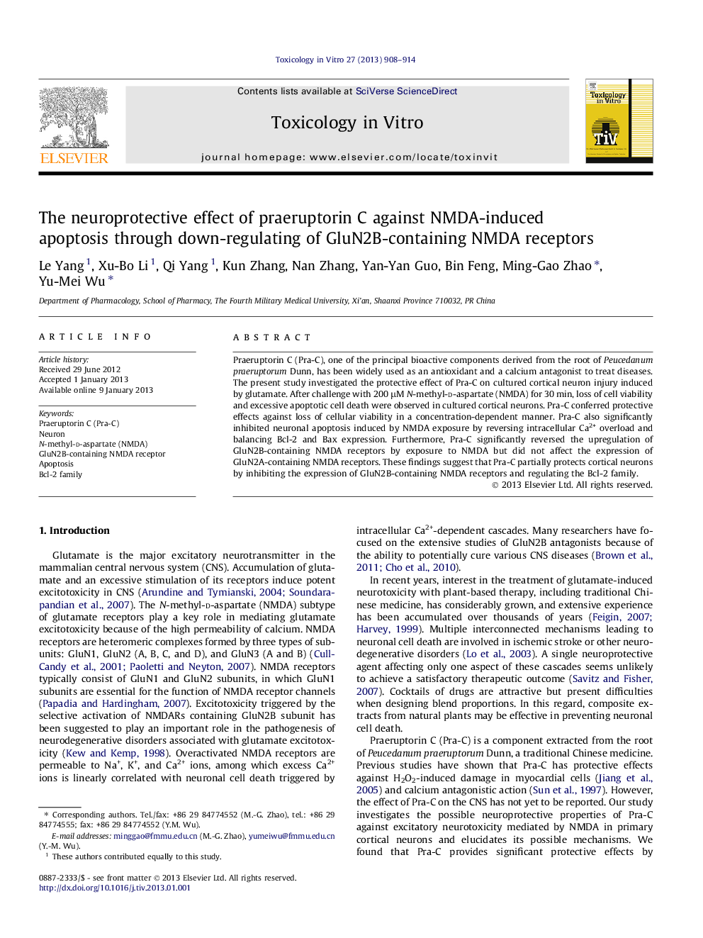 The neuroprotective effect of praeruptorin C against NMDA-induced apoptosis through down-regulating of GluN2B-containing NMDA receptors