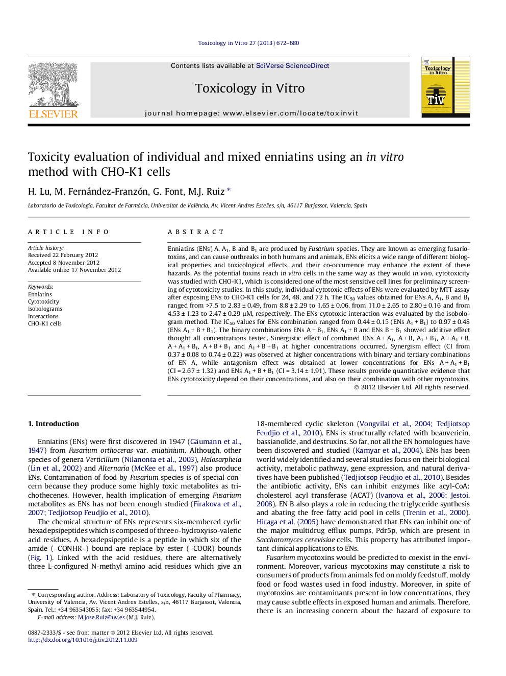 Toxicity evaluation of individual and mixed enniatins using an in vitro method with CHO-K1 cells