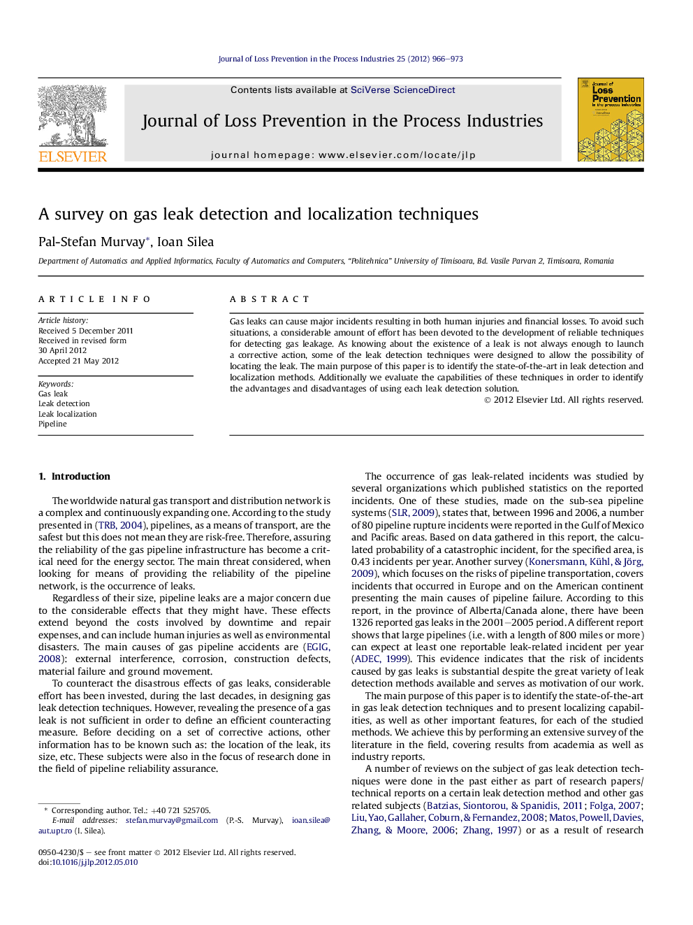 A survey on gas leak detection and localization techniques