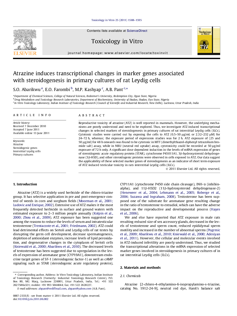 Atrazine induces transcriptional changes in marker genes associated with steroidogenesis in primary cultures of rat Leydig cells