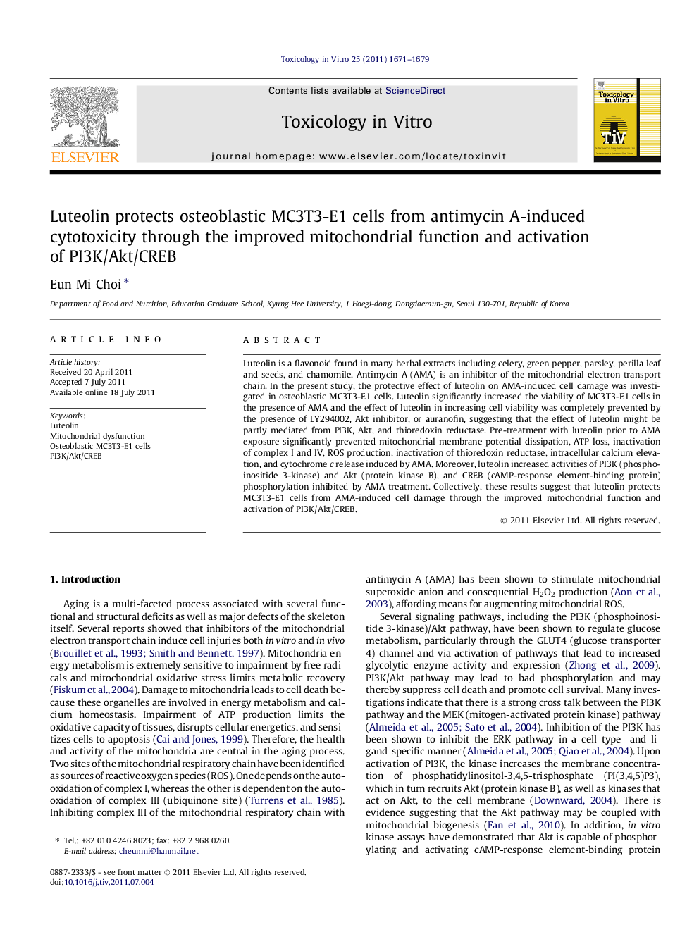 Luteolin protects osteoblastic MC3T3-E1 cells from antimycin A-induced cytotoxicity through the improved mitochondrial function and activation of PI3K/Akt/CREB