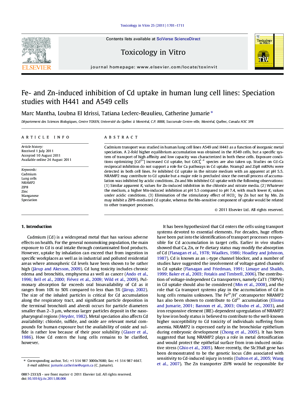 Fe- and Zn-induced inhibition of Cd uptake in human lung cell lines: Speciation studies with H441 and A549 cells