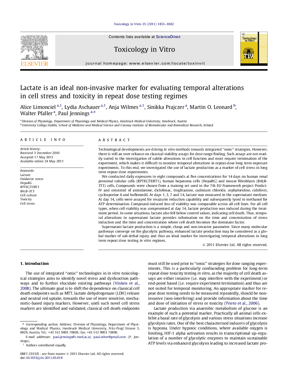 Lactate is an ideal non-invasive marker for evaluating temporal alterations in cell stress and toxicity in repeat dose testing regimes