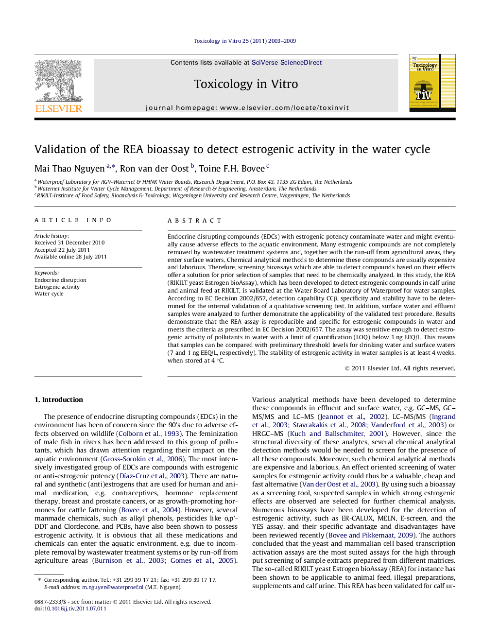 Validation of the REA bioassay to detect estrogenic activity in the water cycle