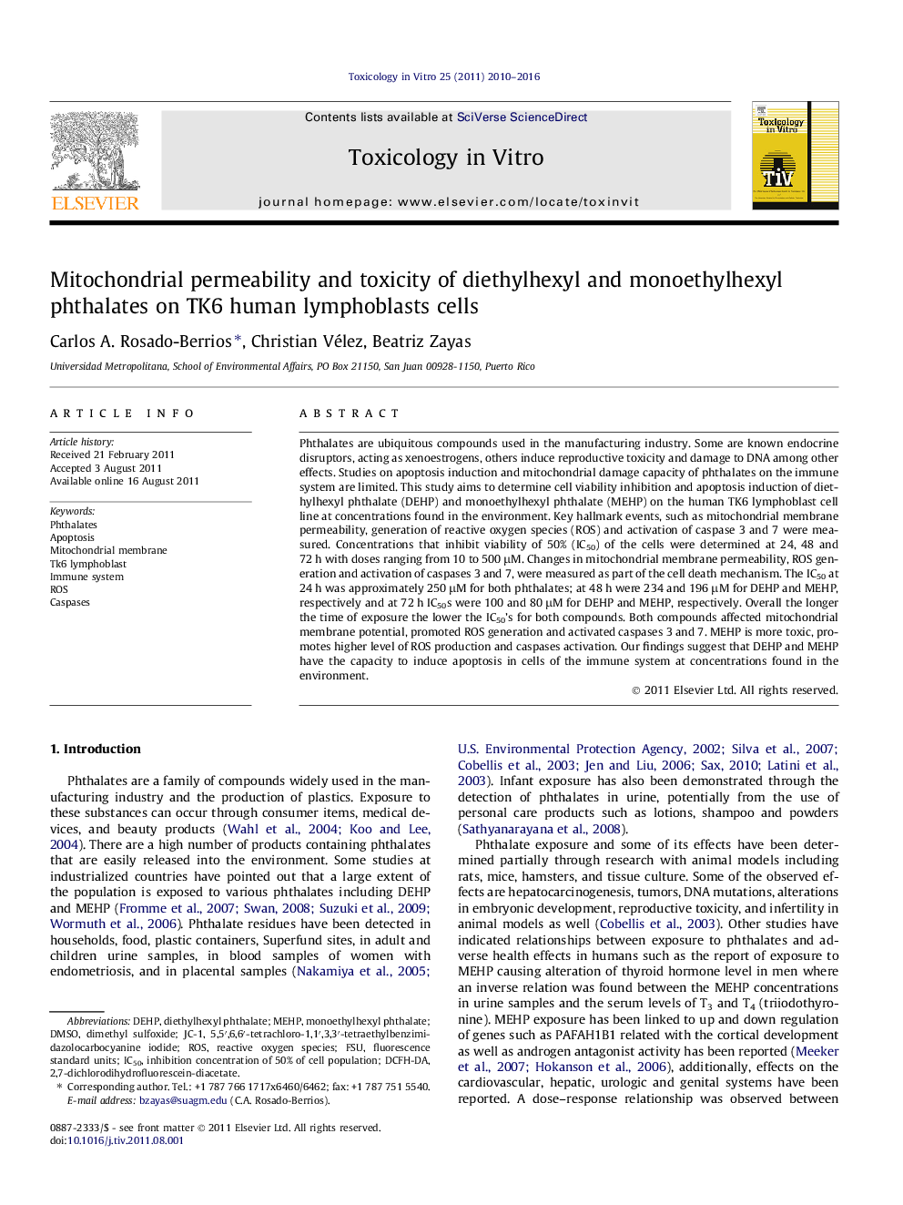 Mitochondrial permeability and toxicity of diethylhexyl and monoethylhexyl phthalates on TK6 human lymphoblasts cells