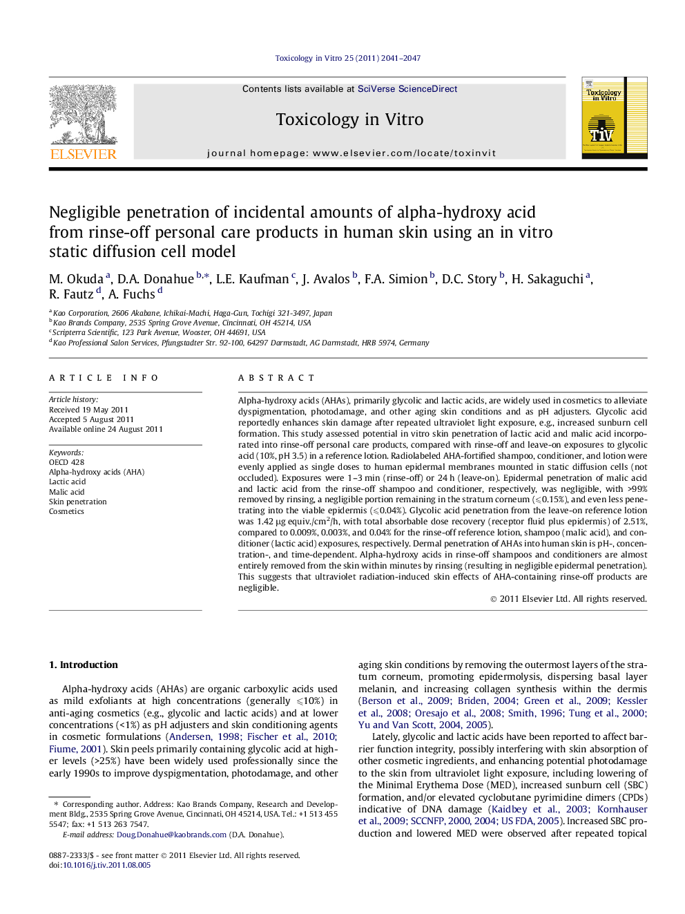 Negligible penetration of incidental amounts of alpha-hydroxy acid from rinse-off personal care products in human skin using an in vitro static diffusion cell model