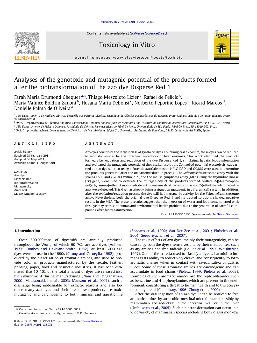 Analyses of the genotoxic and mutagenic potential of the products formed after the biotransformation of the azo dye Disperse Red 1