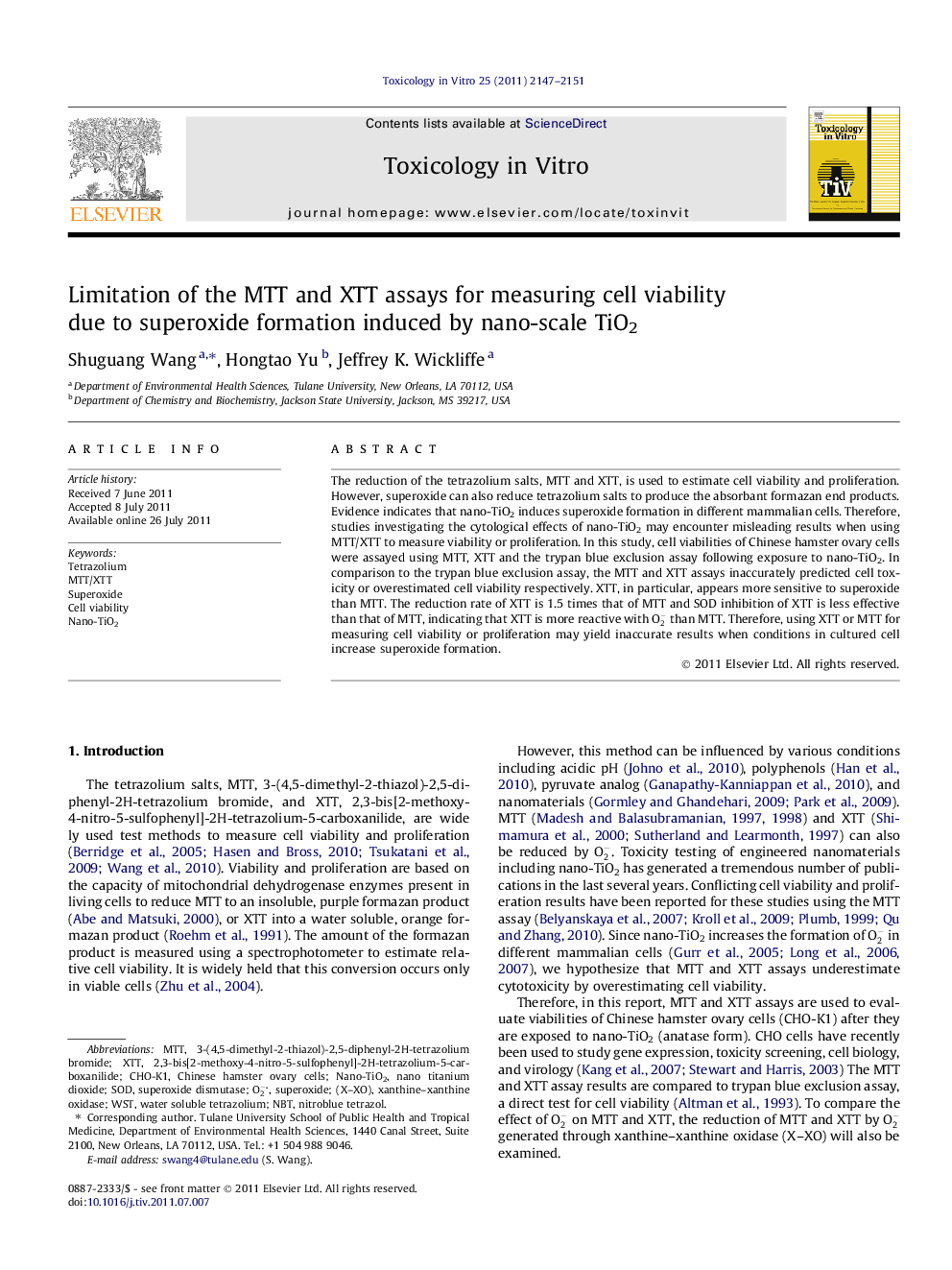 Limitation of the MTT and XTT assays for measuring cell viability due to superoxide formation induced by nano-scale TiO2