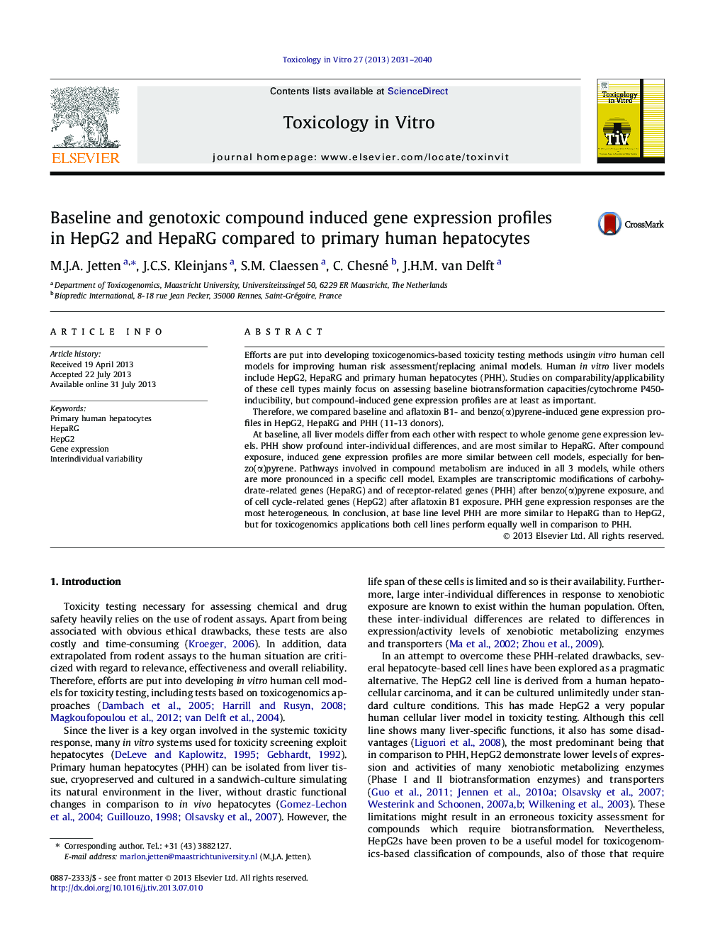 Baseline and genotoxic compound induced gene expression profiles in HepG2 and HepaRG compared to primary human hepatocytes