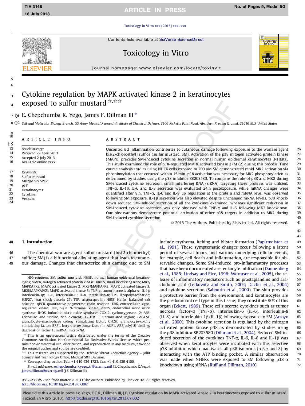 Cytokine regulation by MAPK activated kinase 2 in keratinocytes exposed to sulfur mustard