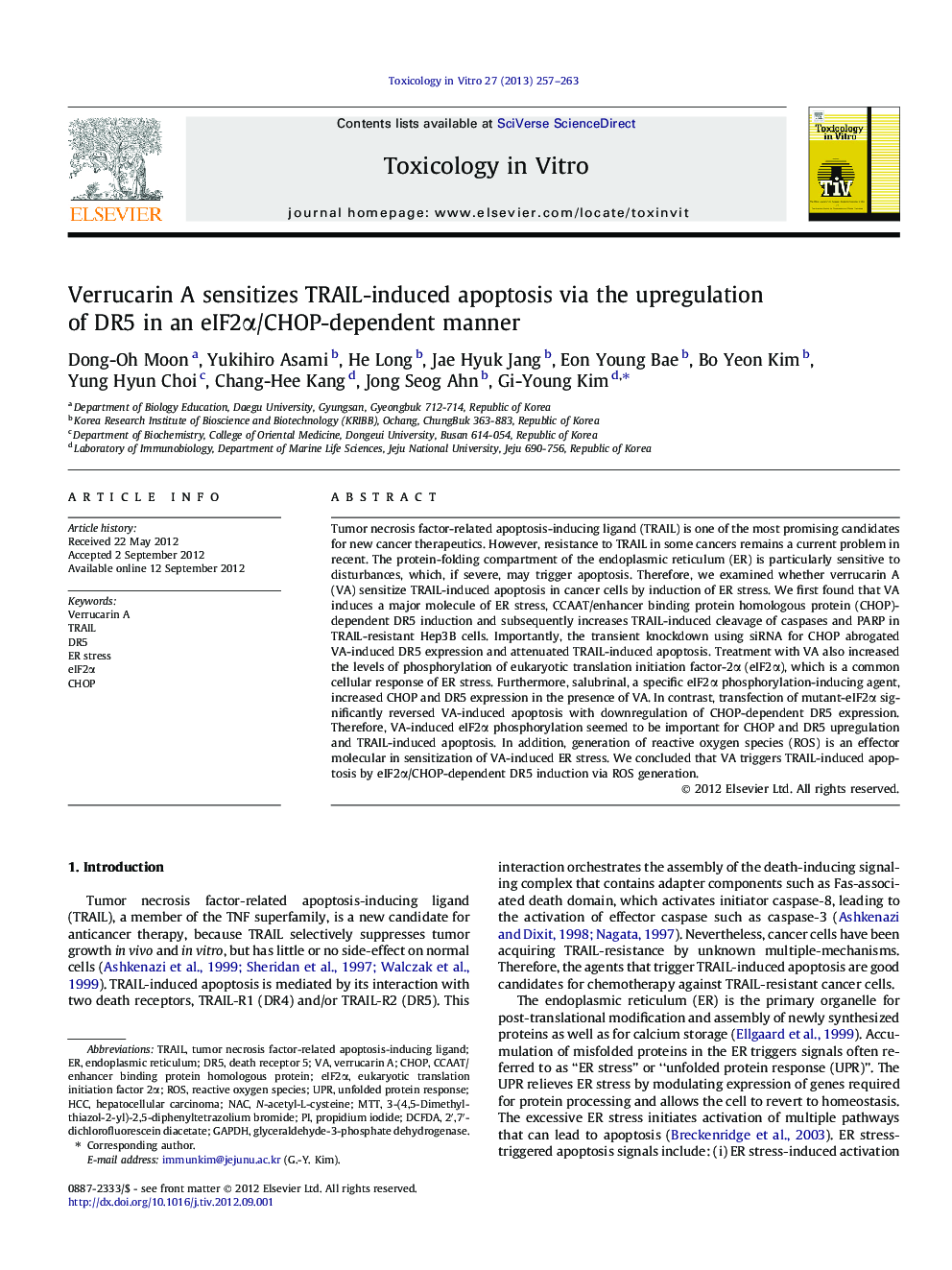 Verrucarin A sensitizes TRAIL-induced apoptosis via the upregulation of DR5 in an eIF2Î±/CHOP-dependent manner