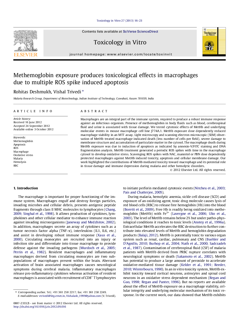 Methemoglobin exposure produces toxicological effects in macrophages due to multiple ROS spike induced apoptosis