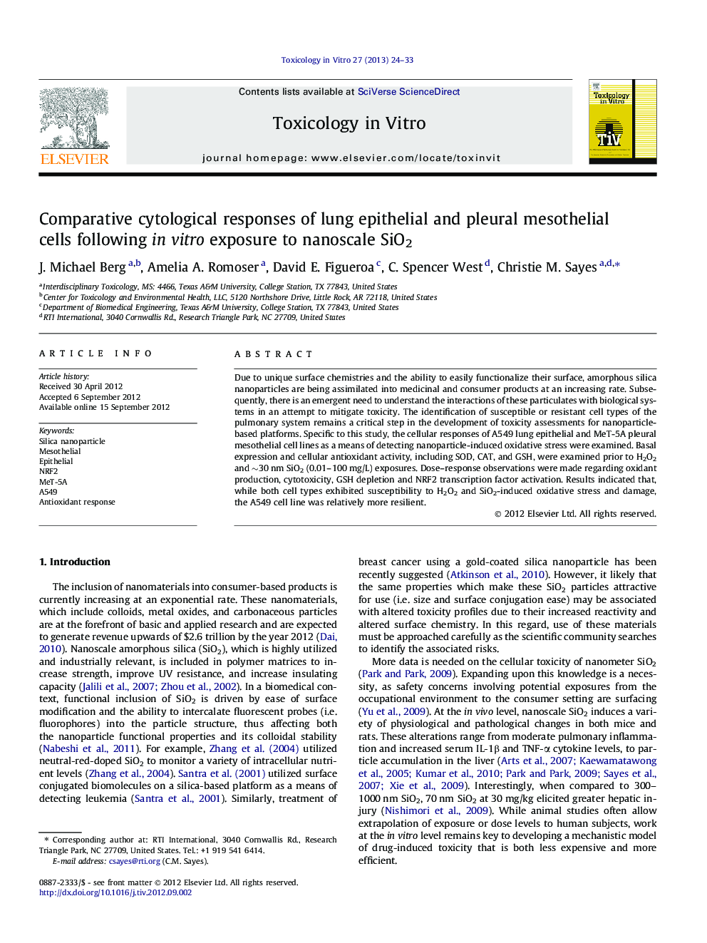 Comparative cytological responses of lung epithelial and pleural mesothelial cells following in vitro exposure to nanoscale SiO2