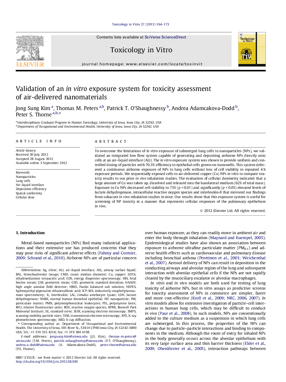 Validation of an in vitro exposure system for toxicity assessment of air-delivered nanomaterials