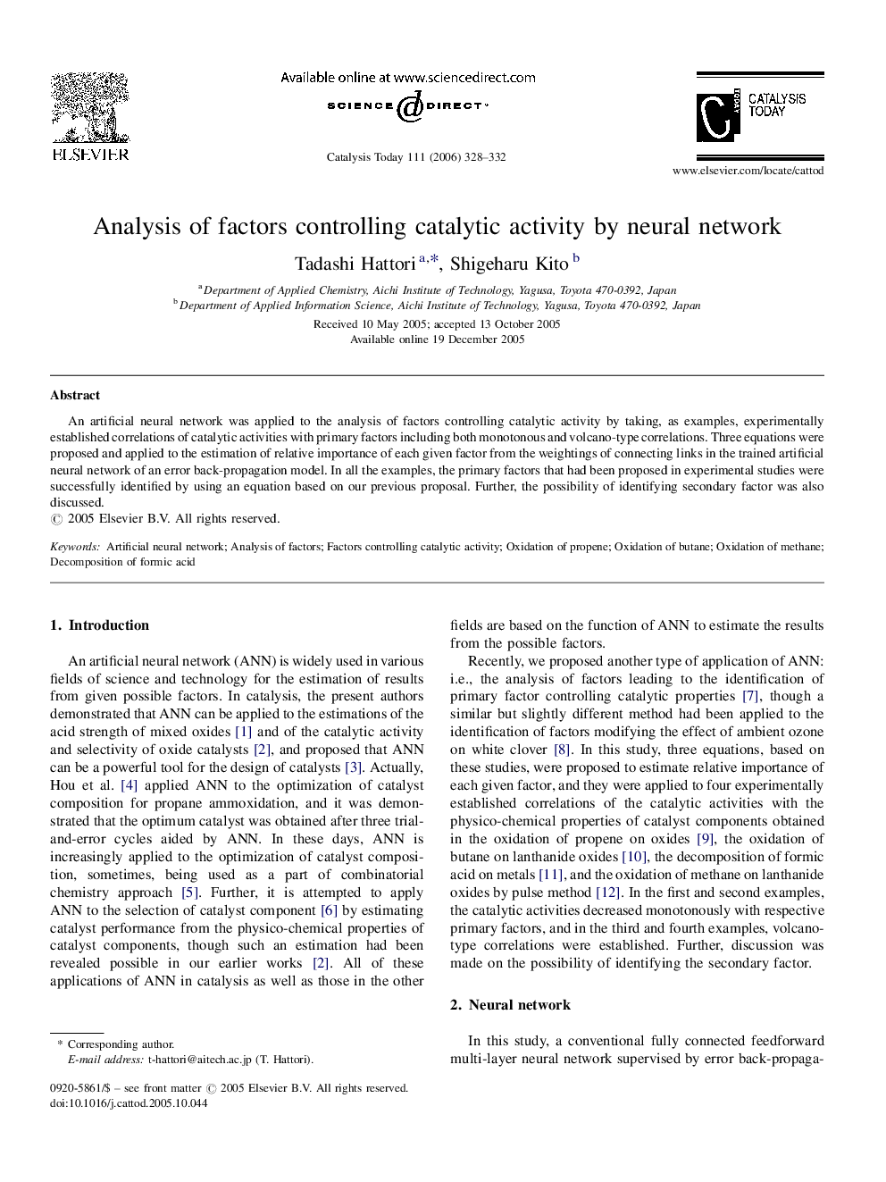 Analysis of factors controlling catalytic activity by neural network