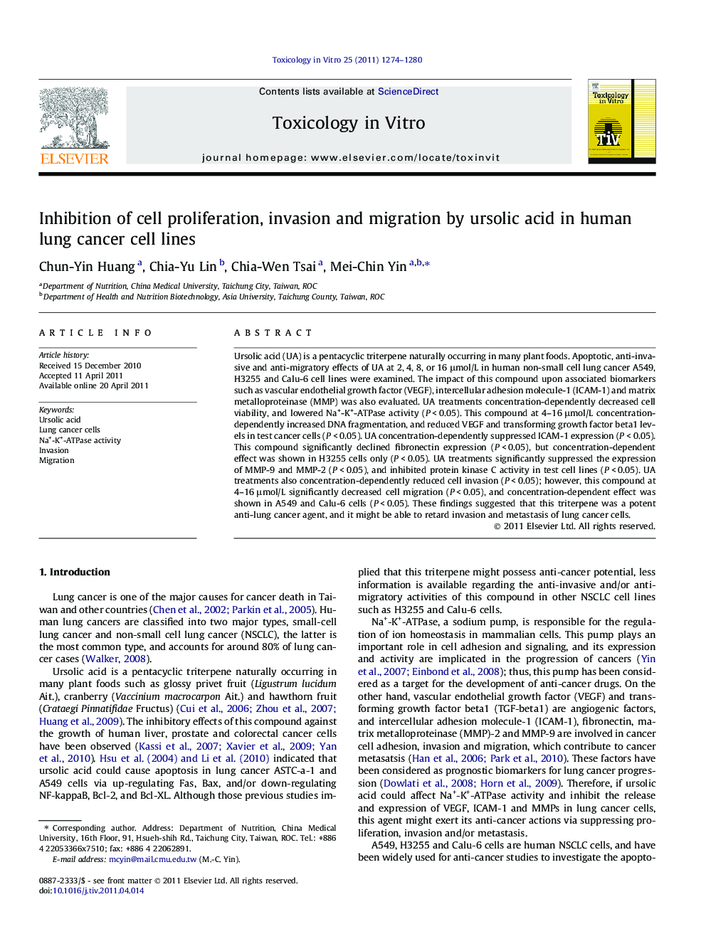 Inhibition of cell proliferation, invasion and migration by ursolic acid in human lung cancer cell lines