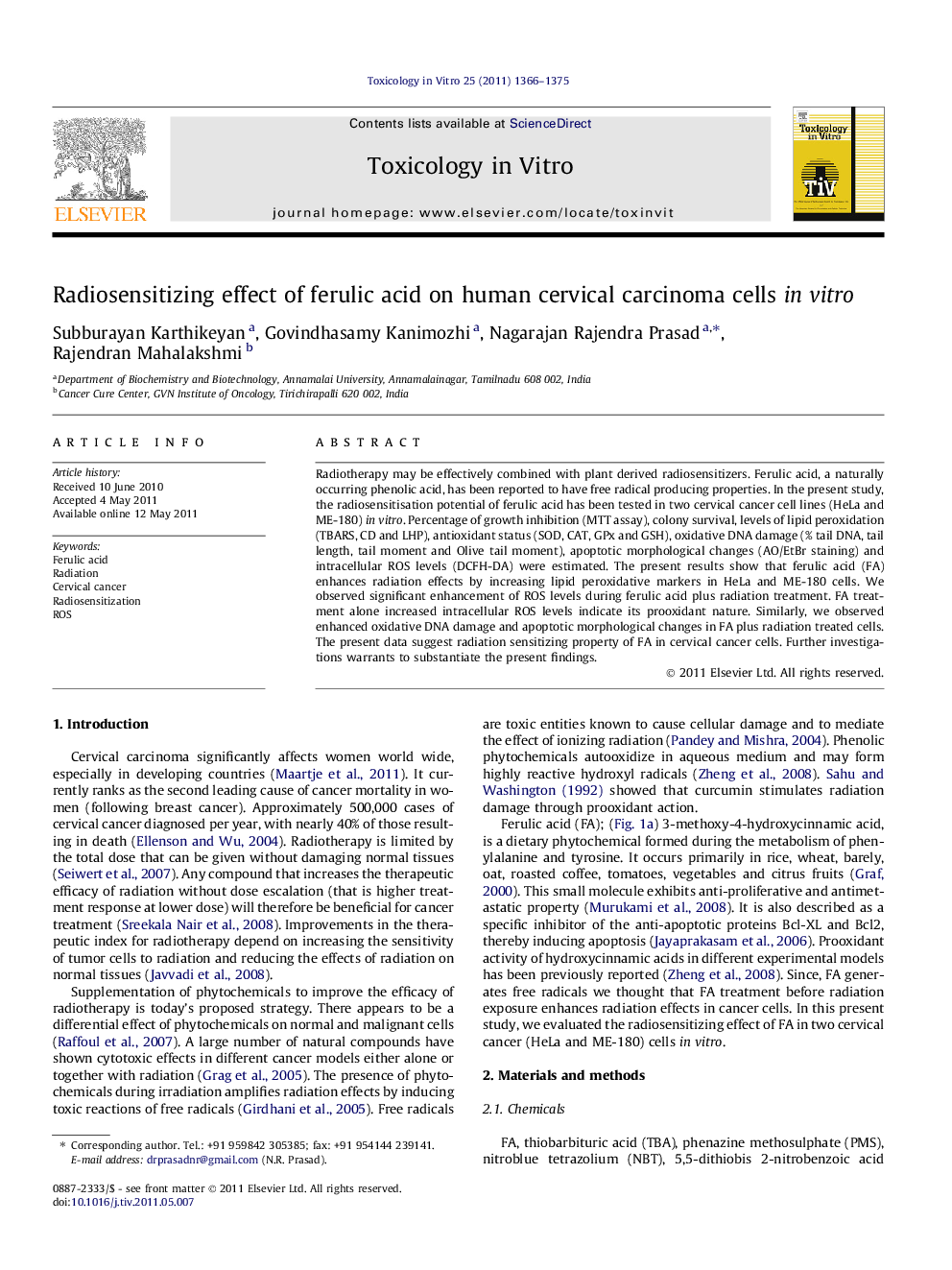 Radiosensitizing effect of ferulic acid on human cervical carcinoma cells in vitro