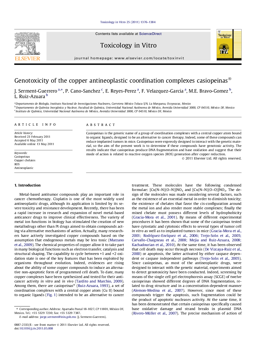 Genotoxicity of the copper antineoplastic coordination complexes casiopeinas®