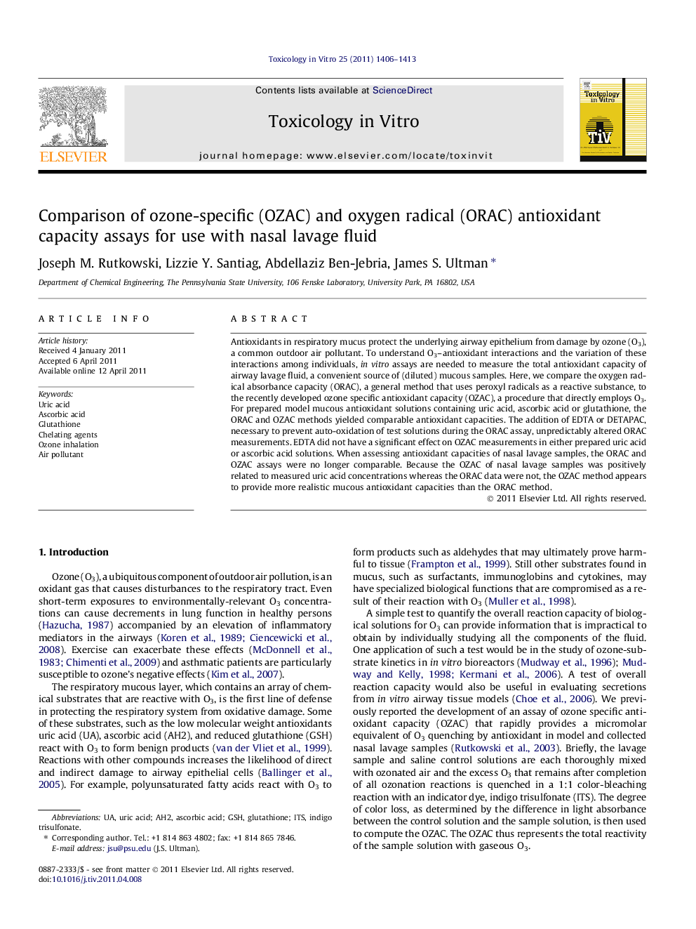 Comparison of ozone-specific (OZAC) and oxygen radical (ORAC) antioxidant capacity assays for use with nasal lavage fluid