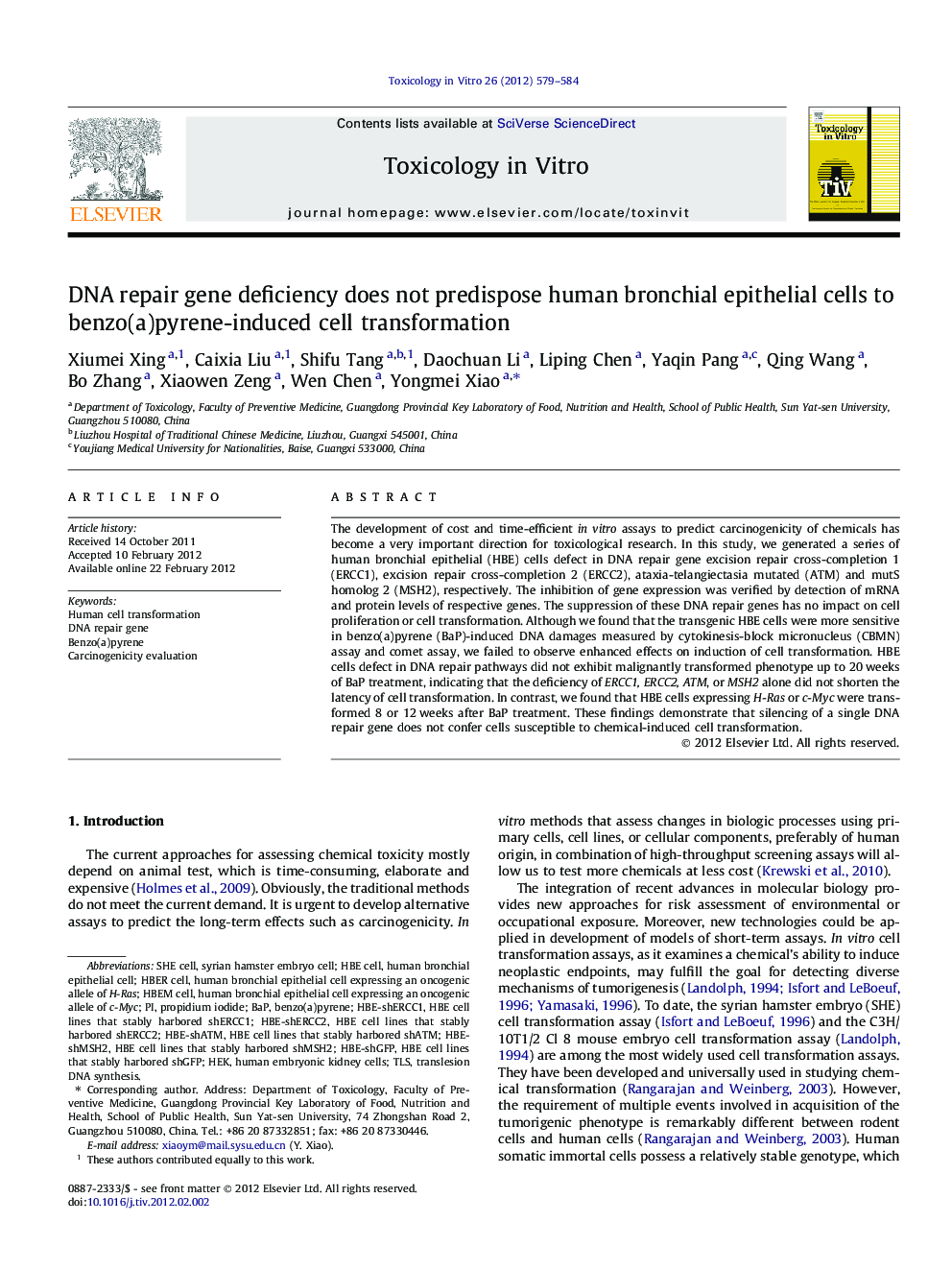 DNA repair gene deficiency does not predispose human bronchial epithelial cells to benzo(a)pyrene-induced cell transformation