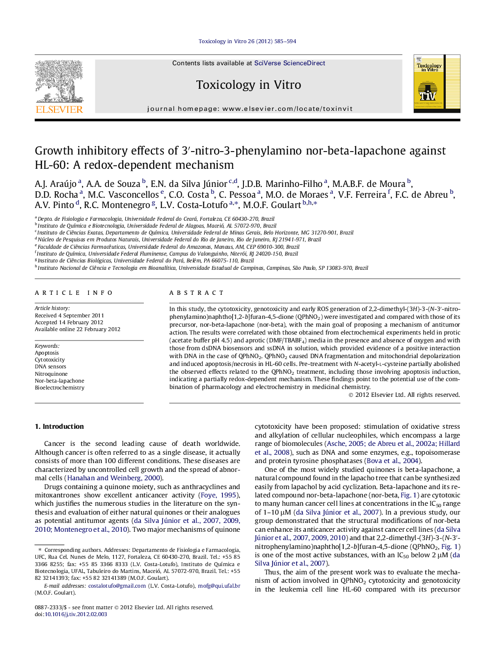 Growth inhibitory effects of 3â²-nitro-3-phenylamino nor-beta-lapachone against HL-60: A redox-dependent mechanism