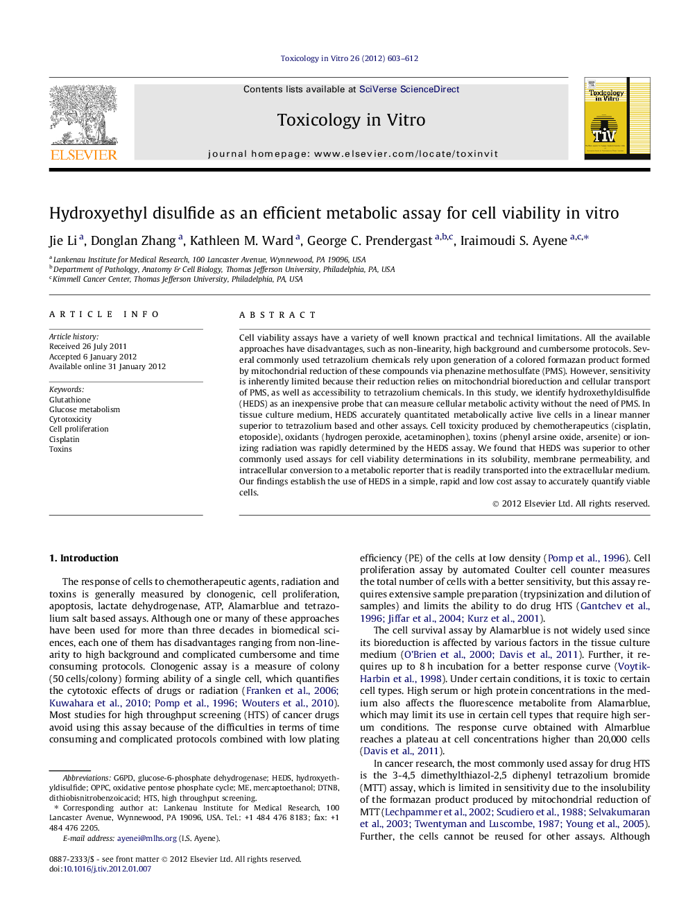 Hydroxyethyl disulfide as an efficient metabolic assay for cell viability in vitro