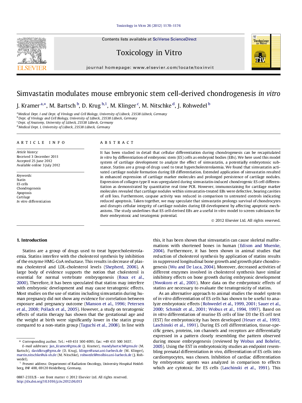 Simvastatin modulates mouse embryonic stem cell-derived chondrogenesis in vitro