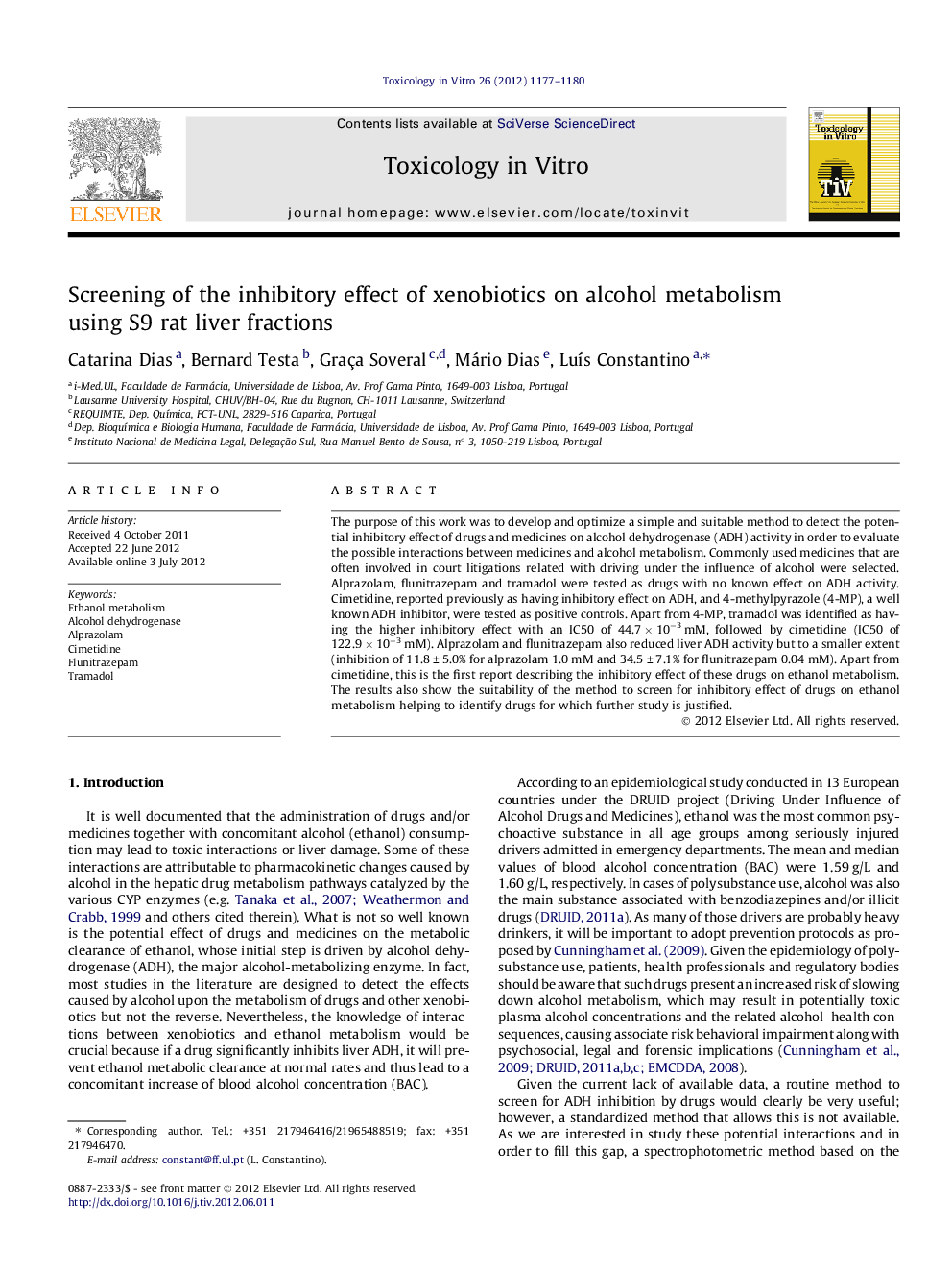 Screening of the inhibitory effect of xenobiotics on alcohol metabolism using S9 rat liver fractions