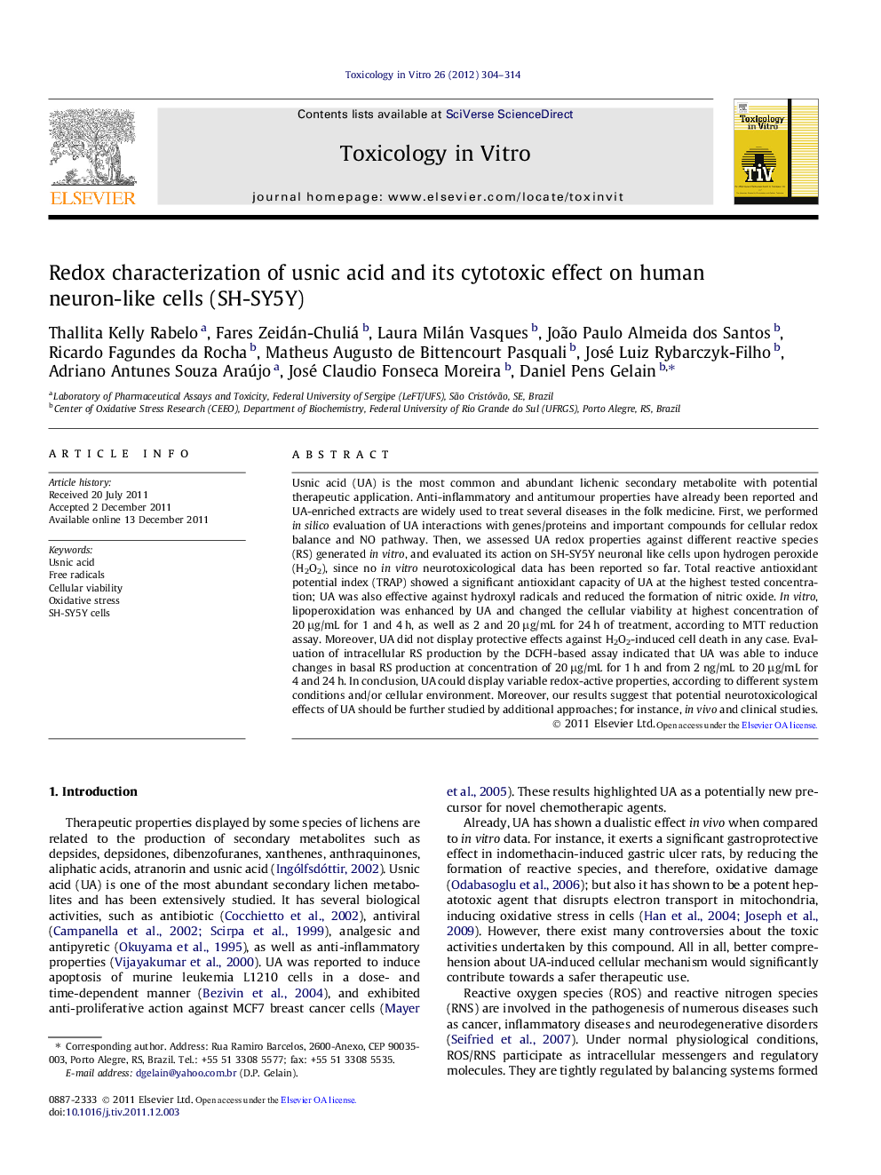 Redox characterization of usnic acid and its cytotoxic effect on human neuron-like cells (SH-SY5Y)