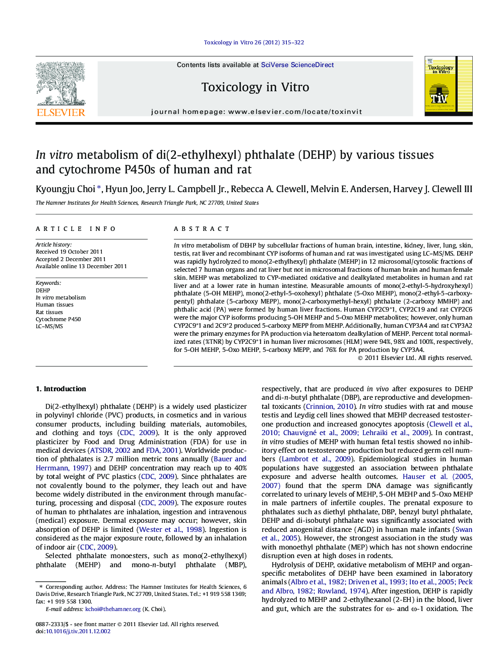 In vitro metabolism of di(2-ethylhexyl) phthalate (DEHP) by various tissues and cytochrome P450s of human and rat