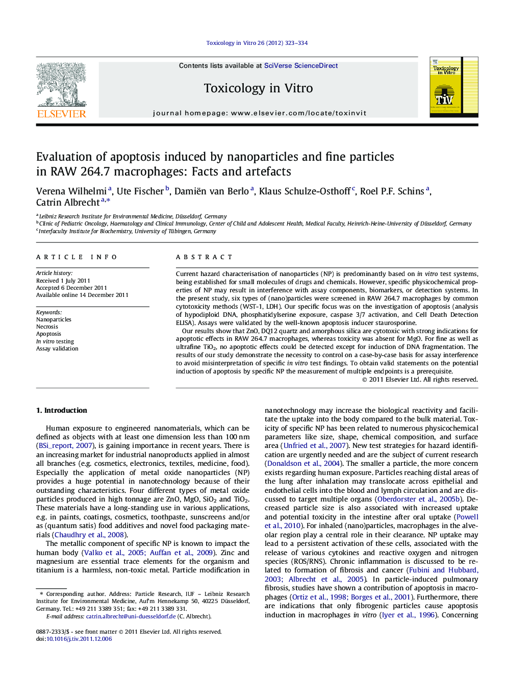 عکس صفحه اول مقاله: Evaluation of apoptosis induced by nanoparticles and fine particles in RAW 264.7 macrophages: Facts and artefacts Evaluation of apoptosis induced by nanoparticles and fine particles in RAW 264.7 macrophages: Facts and artefacts