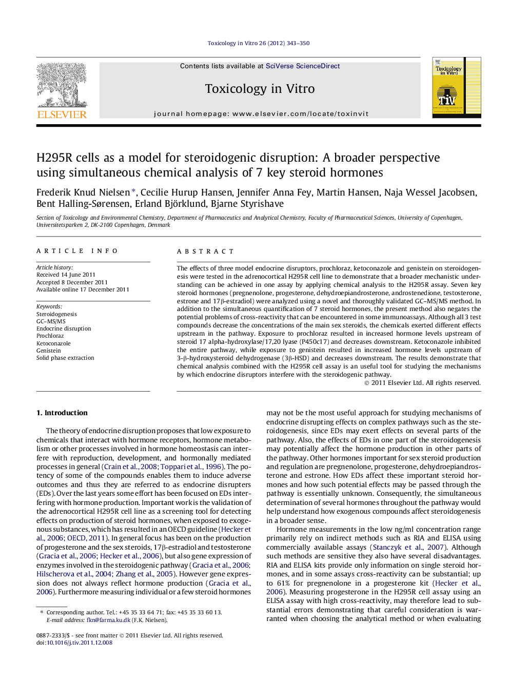 H295R cells as a model for steroidogenic disruption: A broader perspective using simultaneous chemical analysis of 7 key steroid hormones