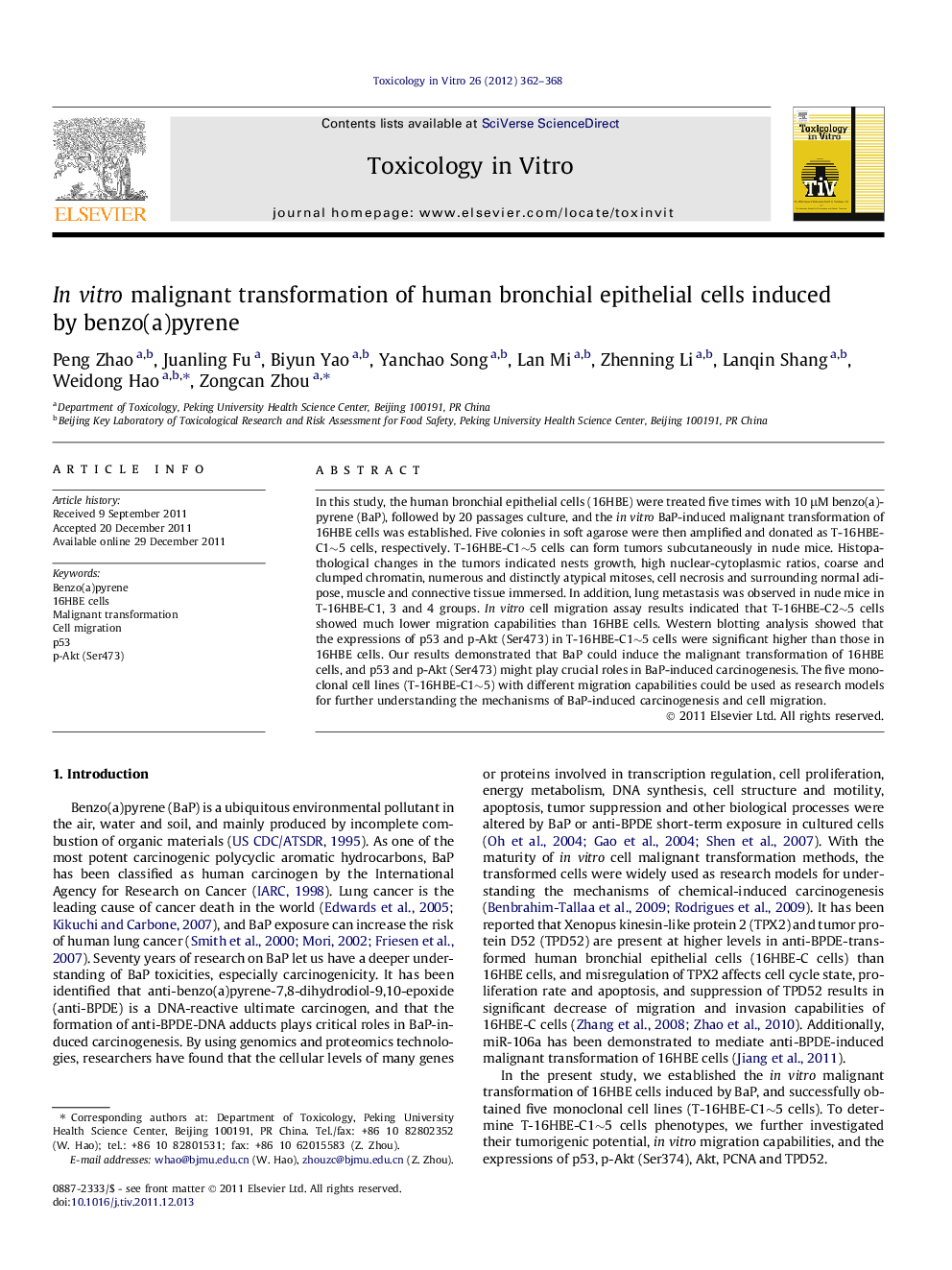 In vitro malignant transformation of human bronchial epithelial cells induced by benzo(a)pyrene